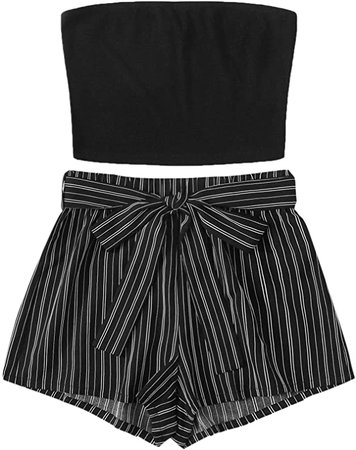 SweatyRocks Women's Sexy 2 Piece Outfits Striped Bandeau Tube Crop Top with Shorts Set Black