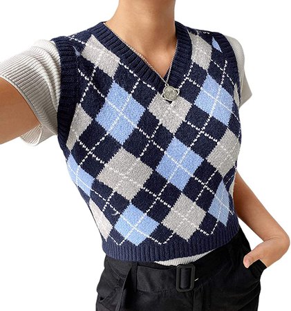 Women Streetwear Preppy Style Knitwear Tank Top V Neck Argyle Plaid Knitted Sweater Vest (Indigo/Blue/Grey-Checkered,Small) at Amazon Women’s Clothing store