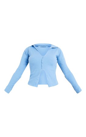 Cornflower Blue Rib Seam Collar Long Sleeve Top | PrettyLittleThing