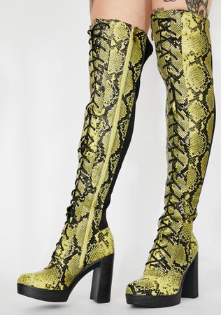 *clipped by @luci-her* Knee High Lace Up Rider Boots - Snakeskin Green | Dolls Kill