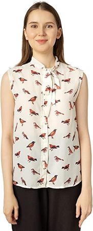 LaVieLente Women’s Chiffon Animal Pattern Sleeveless Bow Tie Collar Button Down Blouse Shirt for Work Casual Tops (Bird, Small) at Amazon Women’s Clothing store