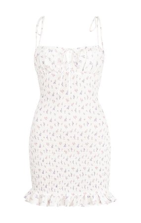 Clothing : Bodycon Dresses : 'Allie' White Floral Shirred Mini Dress