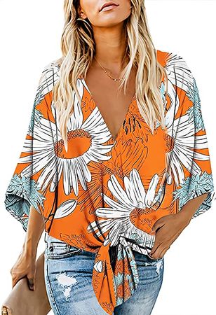 Women's Casual Floral Blouse Batwing Sleeve Loose Fitting Shirts Boho Knot Front Tops Orange M at Amazon Women’s Clothing store