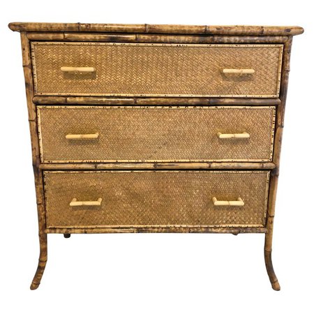 Antique 1900s English Tiger Bamboo With Ricemat Covering Chest of Drawers | Chairish