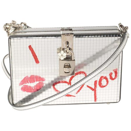 Dolce and Gabbana Metallic Silver Patent Leather I Love You Box Clutch For Sale at 1stDibs