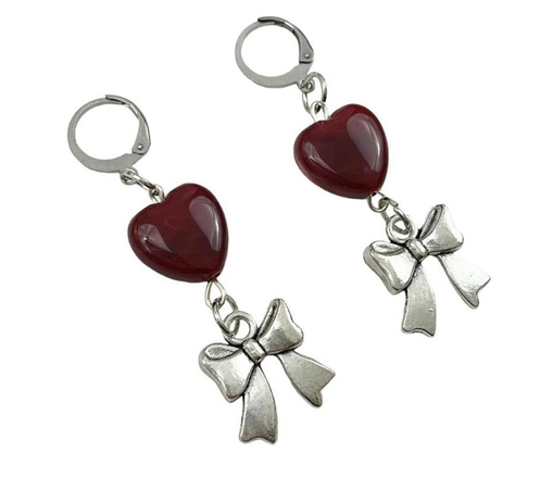 silver bow & red glass heart earrings @julia866 depop