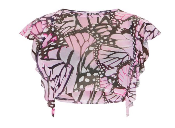 pink butterfly print mesh drill sleeve crop top $20