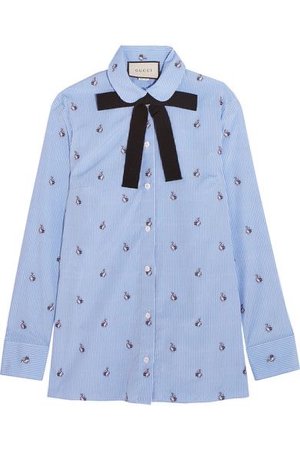 Gucci - Bow-embellished Embroidered Striped Cotton Shirt - Sky blue