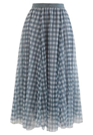 Gingham Double-Layered Mesh Tulle Midi Skirt in Green - Retro, Indie and Unique Fashion