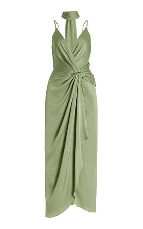 green Tie-Neck Crepe Maxi Dress Johanna Ortiz