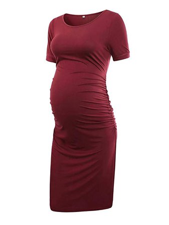 Women's Ruched Maternity Bodycon Dress Mama Causual Short Sleeve Wrap Dresses (XL, Wine Red) at Amazon Women’s Clothing store