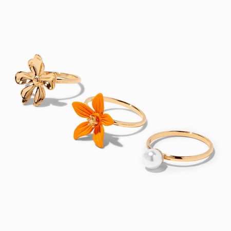 Orange Flower Pearl Gold Ring Set - 3 Pack | Claire's