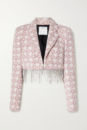 Cropped Crystal-embellished Metallic Houndstooth Tweed Blazer - Pink