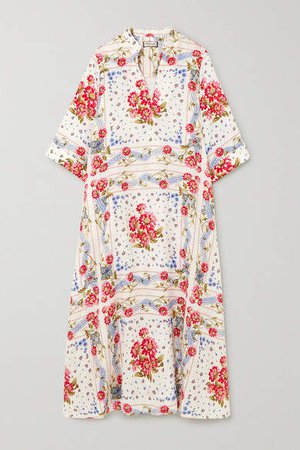 Valdaoste Floral-print Linen Midi Dress - White