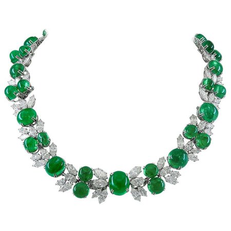 Harry Winston Diamond, Cabochon Emerald Necklace For Sale at 1stDibs