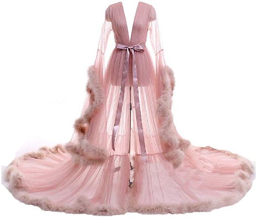 Women Feather Robe Fur Robe Long Wedding Scarf Illusion Nightgown Robe Sheer Bathrobe Sleepwear at Amazon Women’s Clothing store