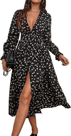 SweatyRocks Women's Deep V Neck Long Sleeve Floral Dress Boho Split A Line Long Dresses at Amazon Women’s Clothing store