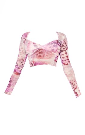 Pink Printed Mesh Long Sleeve Seam Detail Crop Top | PrettyLittleThing USA