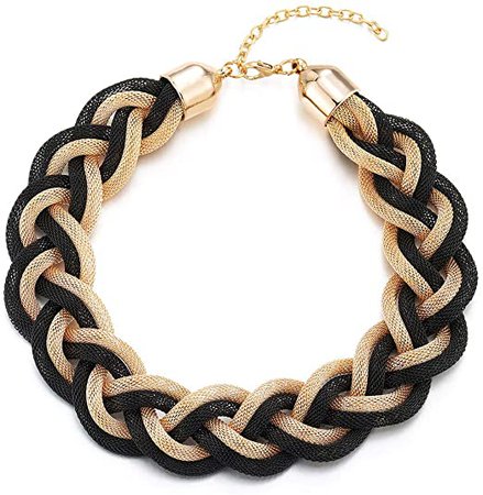 COOLSTEELANDBEYOND Gold Black Statement Necklace, Braided Hollow Cable Large Bib Choker Collar, Dress Prom