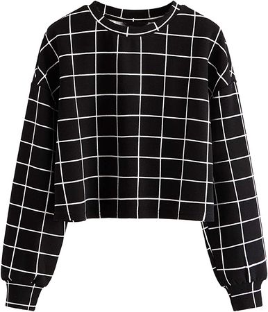 SweatyRocks Women's Long Sleeve Crop Top Round Neck Grid Print Pullover Sweatshirt Black XL at Amazon Women’s Clothing store