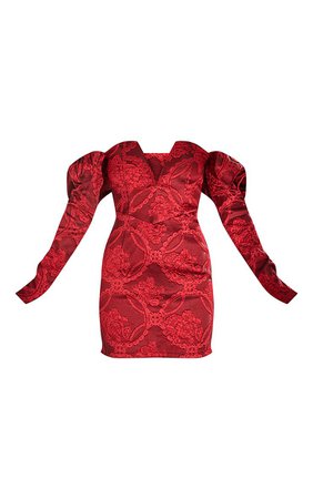 Red Puff Sleeve V Bar Jacquard Bodycon Dress | PrettyLittleThing USA