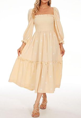 Amazon.com: AnotherChill Women's Casual Embroidered Maxi Dress Floral Flowy Square Neck Dresses with Puff Sleeves for Summer 2023 (Beige, Large) : Clothing, Shoes & Jewelry