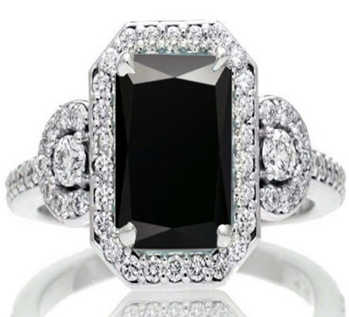 1.5 Carat Emerald Cut Three Stone Black Diamond Halo Diamond Ring on 10k White Gold - Jeen Jewels