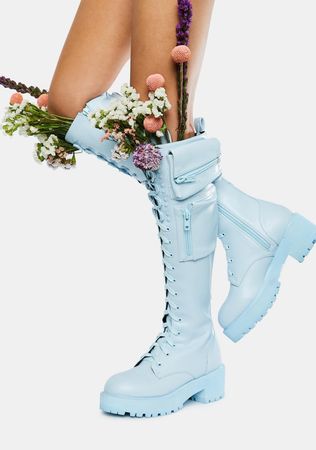 Sugar Thrillz Pastel Knee High Pocket Combat Boots - Baby Blue | Dolls Kill