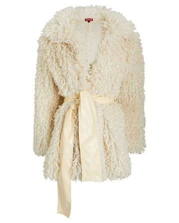 STAUD Lydie Tie-Front Faux Fur Coat In Ivory | INTERMIX®