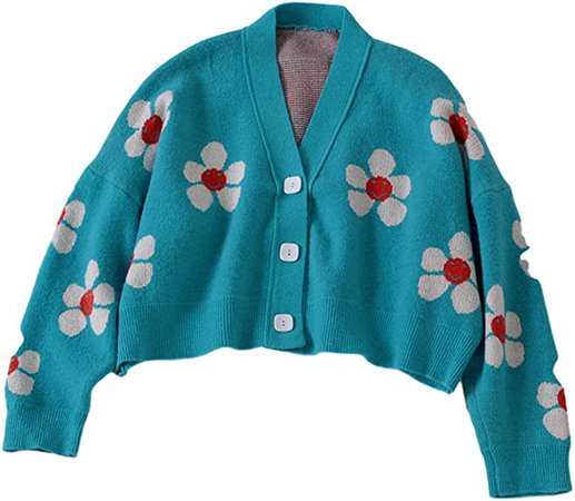 Ladies Knit Sweater Y2k College Style Floral Knit Jacket Loose V-Neck Green at Amazon Women’s Clothing store