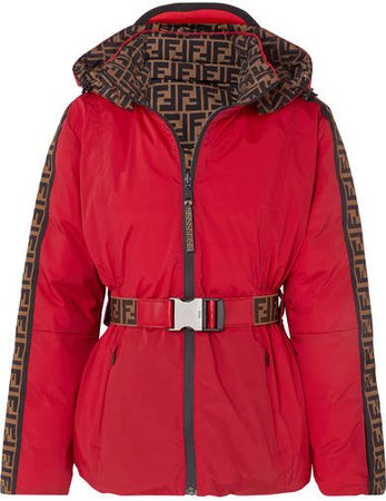 Reversible Belted Printed Shell Down Jacket - Red