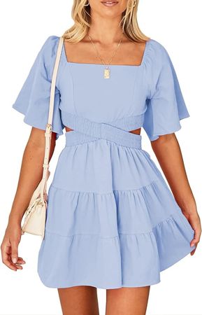Amazon.com: Shy Velvet Women's Summer Dress Square Neck Short Sleeves Crossover Waist Casual Party Mini Dress Pink : Clothing, Shoes & Jewelry