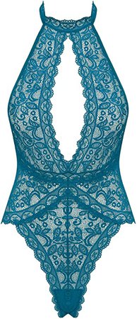 Joyaria Womens Lace High Neck Lingerie Sheer Teddy Bodysuit Nightie Teal (Peacock Blue, Small) at Amazon Women’s Clothing store