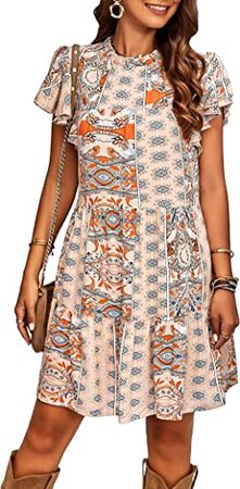 Amazon.com: Women Bohemian Dress Crew Neck Summer Dresses Women's Petal Sleeve Printed Dress Mini Dress Evening : Clothing, Shoes & Jewelry