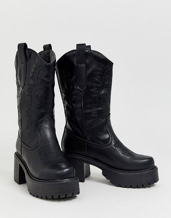 Koi Footwear vegan chunky western boots in black | ASOS