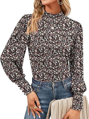 Qirno Womens Mock Neck Puff Long Sleeve Tops Casual Loose Solid Basic T Shirt Button Cuffs Pullovers Shirts Blouse at Amazon Women’s Clothing store