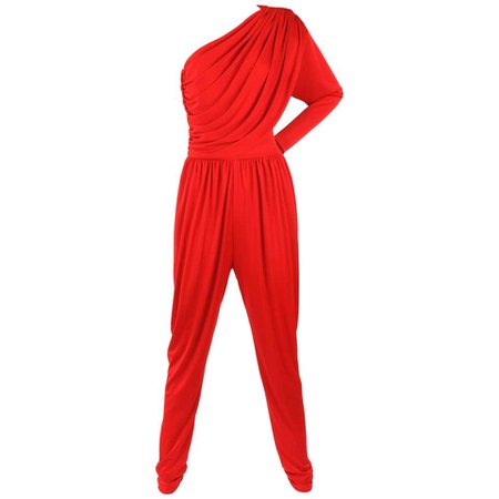 HALSTON c.1970's Red Spandex One Shoulder Draped Jumpsuit For Sale at 1stdibs
