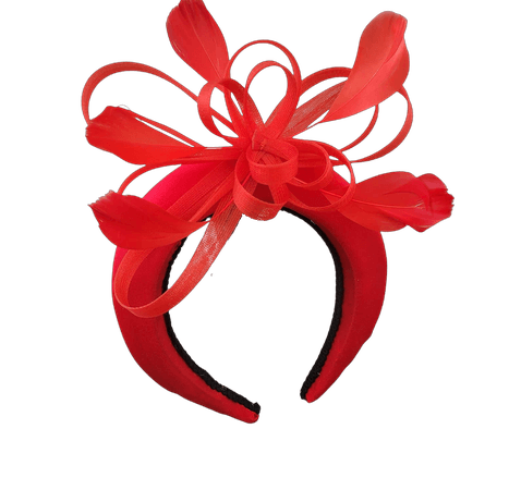 Red Satin Loop Bow Fascinator, Halo headband, High Padded with Feathers, Kentucky Derby