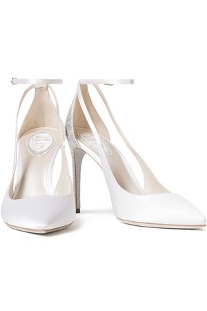 White Evania crystal-embellished cutout satin pumps | Sale up to 70% off | THE OUTNET | RENE' CAOVILLA | THE OUTNET