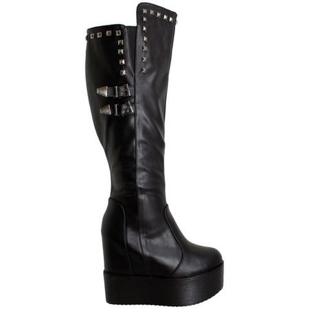 Black Leather Knee High Wedge Boots