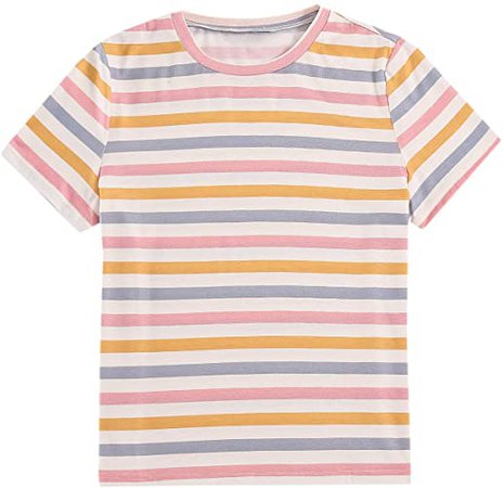 SweatyRocks Women's Casual Loose Short Sleeve Round Neck Striped Tee Shirt Top at Amazon Women’s Clothing store