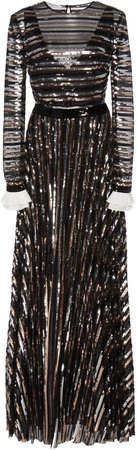 Sequin-Embellished Striped Crepe De Chine Gown