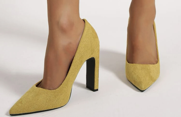 yellow chunky pointed heels