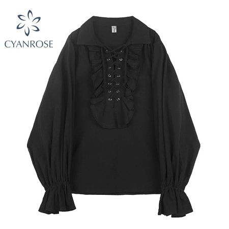 Vintage Gothic Shirt Women Renaissance Flare Sleeves Ruffles Oversize Club Party Evening Girl Lolita Black Goths Blouse Tops|Blouses & Shirts| - AliExpress