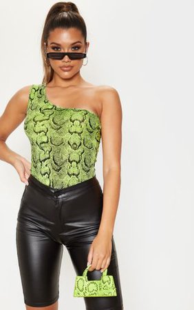 Lime Snake Printed One Shoulder Bodysuit | PrettyLittleThing
