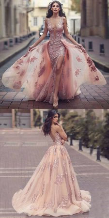 Charming Sweep Train Deep V Neck Pink Tulle Prom Dress with Lace Appliques
