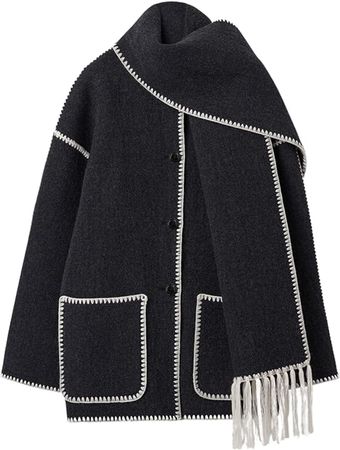 Amazon.com: Ynhonra Womens Embroidered Scarf Jacket Oversized Button Down Wool Blend Coat Long Sleeve Removable Tassel Scarf Coat : Clothing, Shoes & Jewelry
