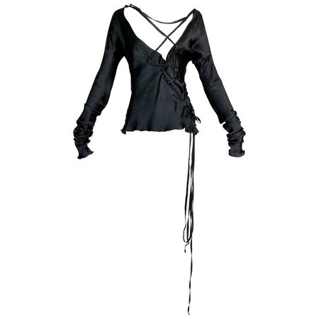 F/W 2002 Gucci Tom Ford Runway Black Silk Plunging Corset Ties Blouse Top For Sale at 1stdibs