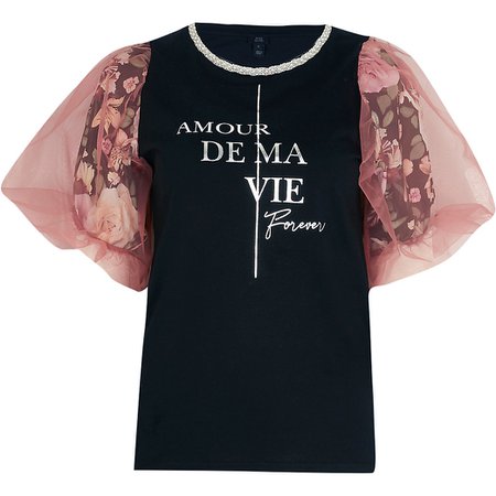 Black floral mesh print short sleeve t-shirt | River Island