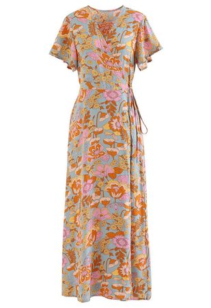 The Arrivals Summer Leaf Print Wrap Maxi Dress in Cream - NEW